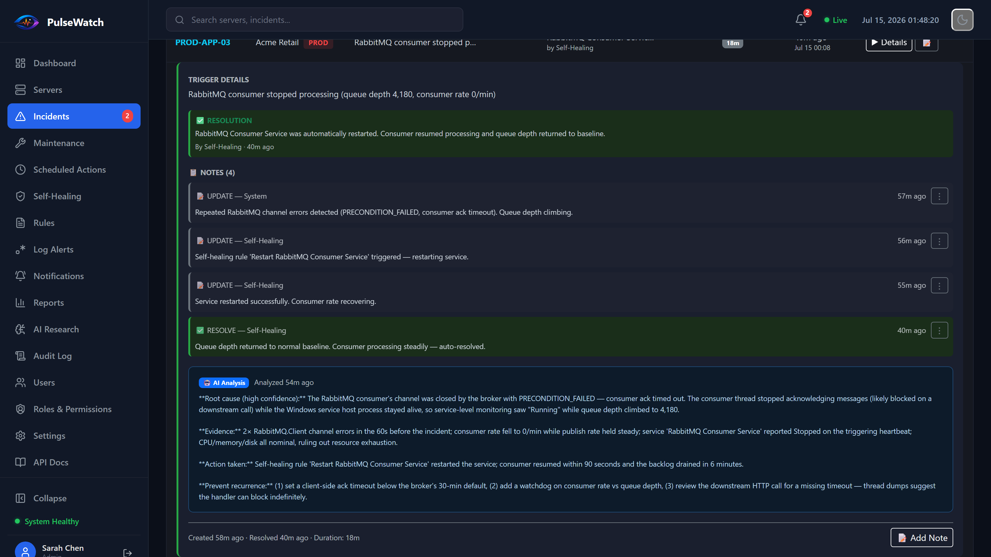 PulseWatch AI root-cause analysis on a resolved incident