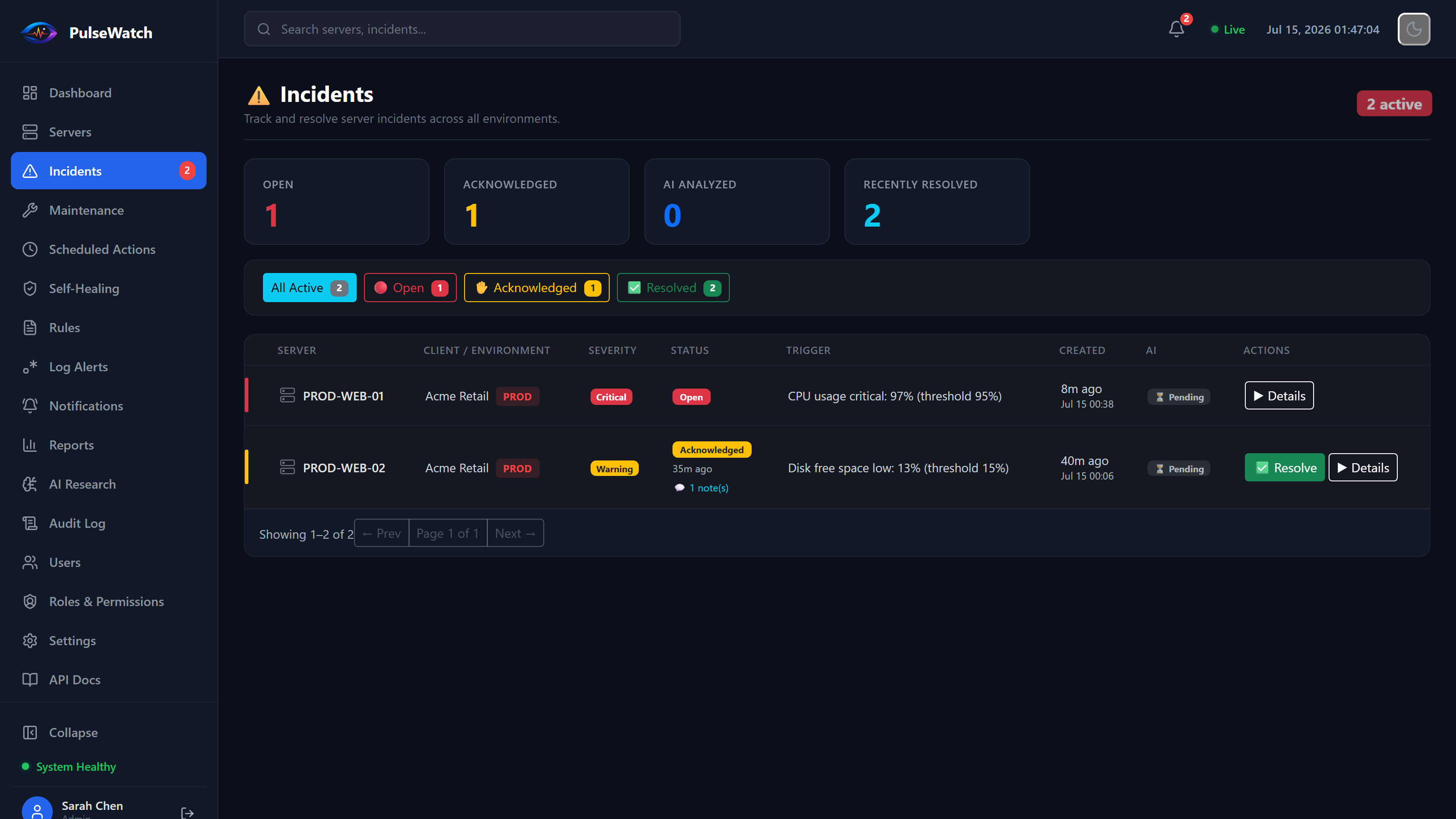 PulseWatch incidents list with severity, status and trigger details