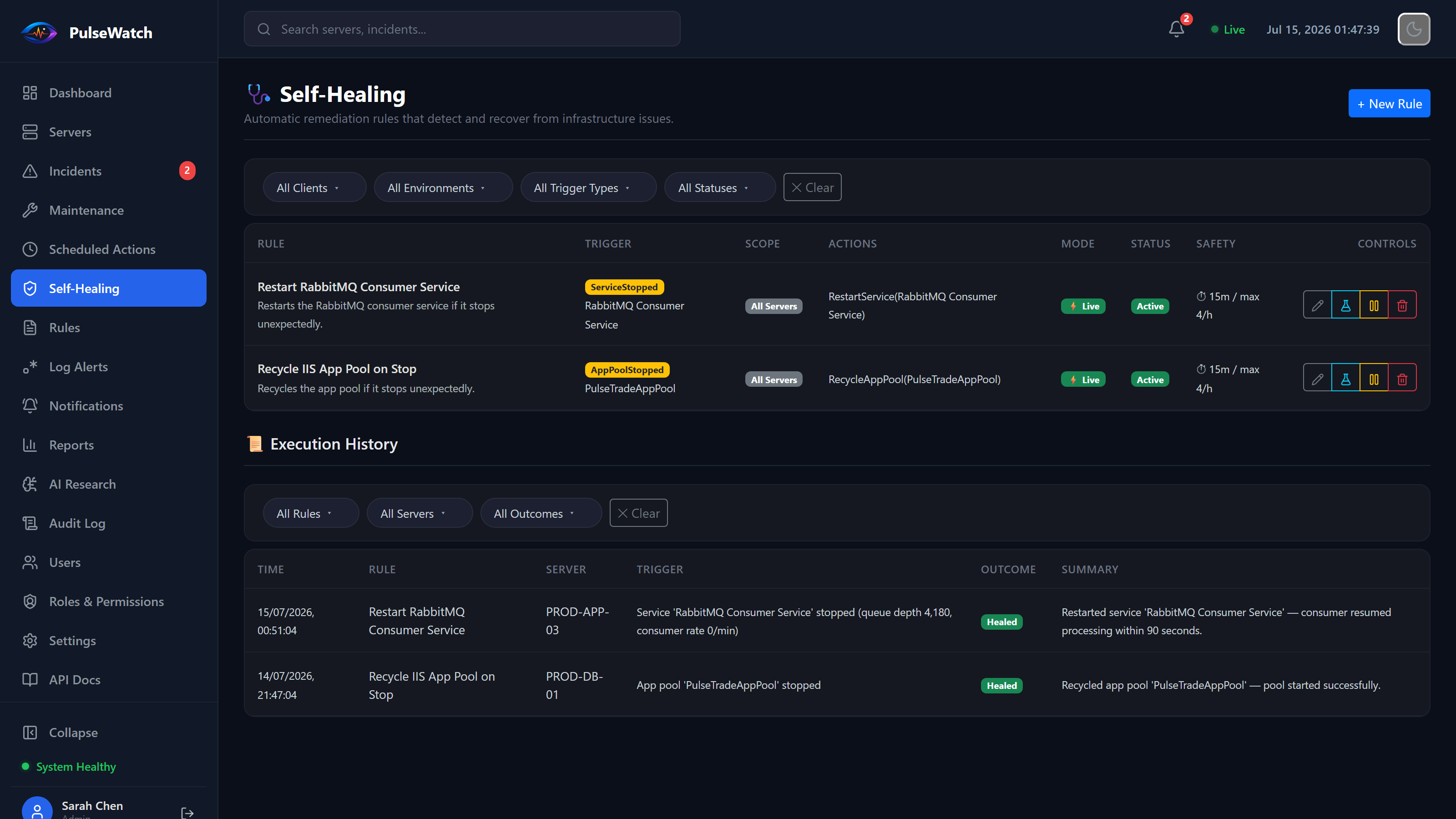 PulseWatch self-healing rules and execution history