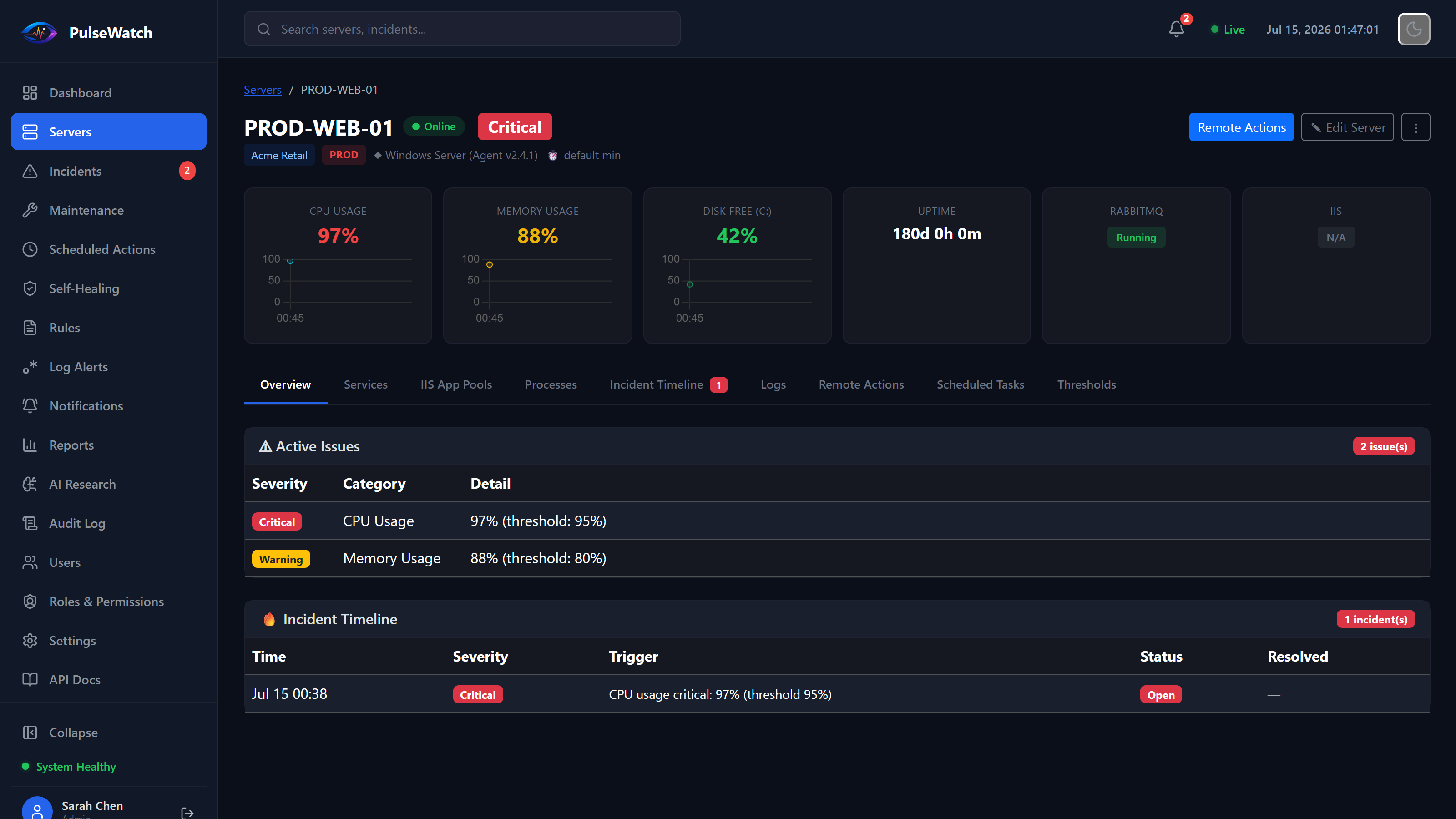 PulseWatch server detail view with active issues and incident timeline