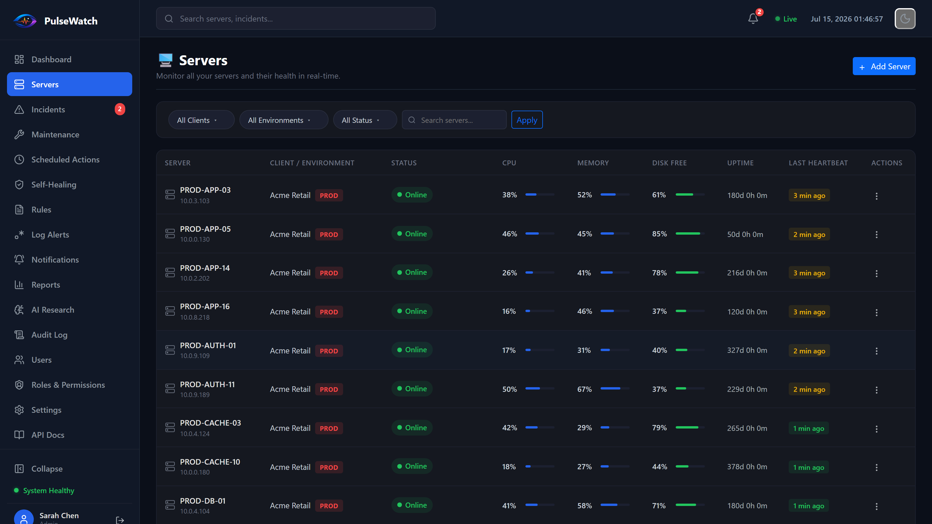PulseWatch server list with CPU, memory, disk and heartbeat status